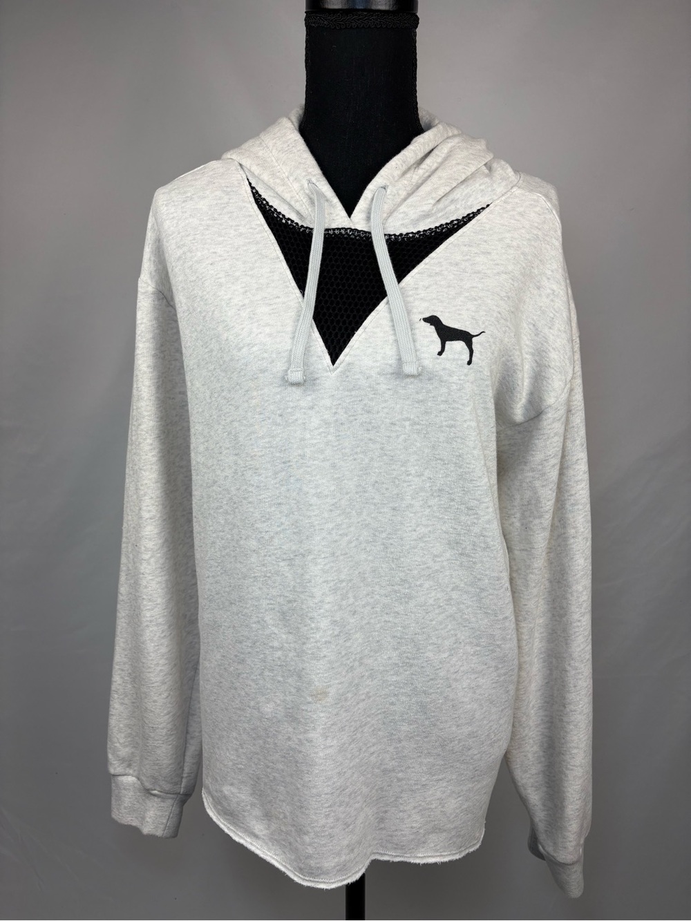 PINK Victoria's Secret Light Gray Hooded Sweater with Black Mesh Accent